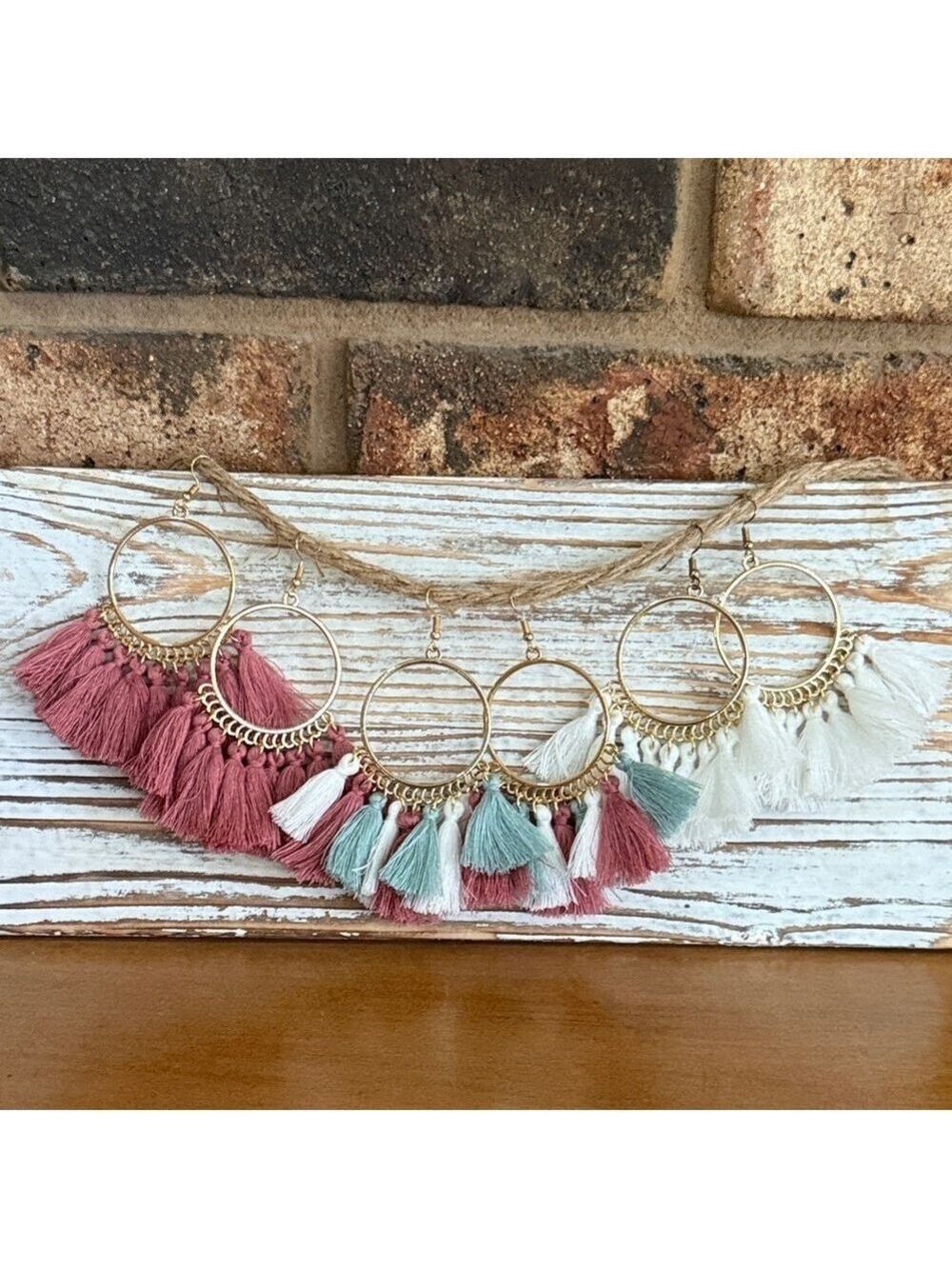 Tassel boho hoop gold tone earring collection rose pink, white and multi color